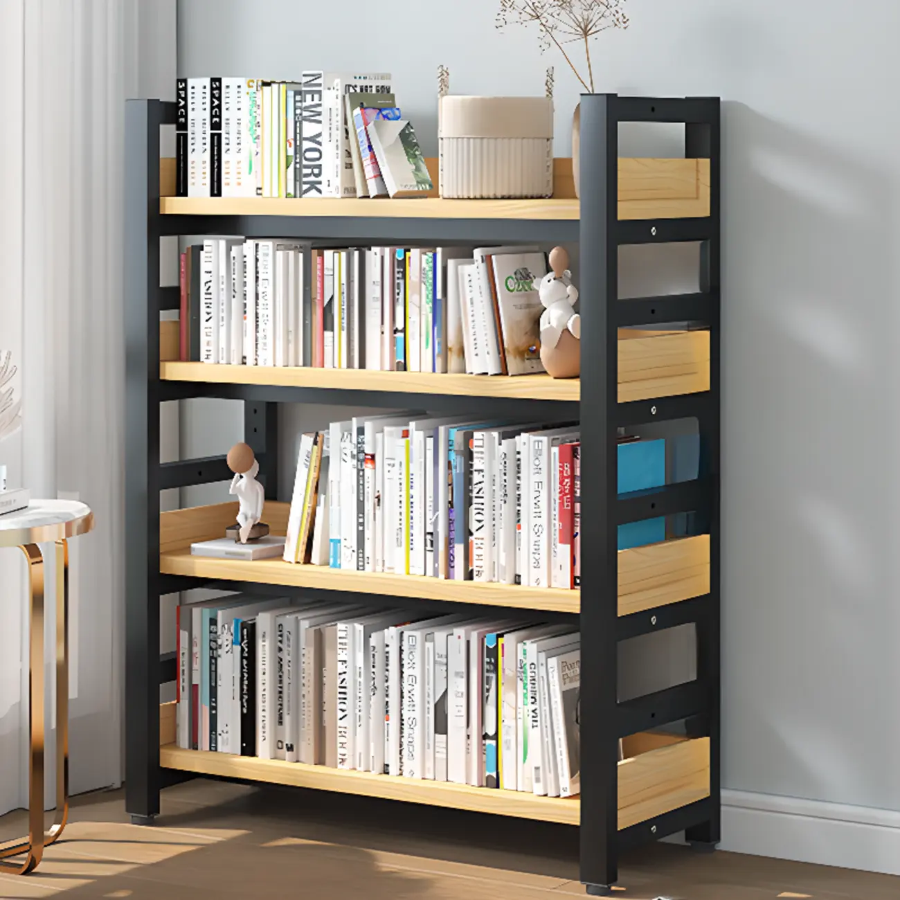 Freestanding Simple Multi-Layer Wood Bookshelf in Steel Frame