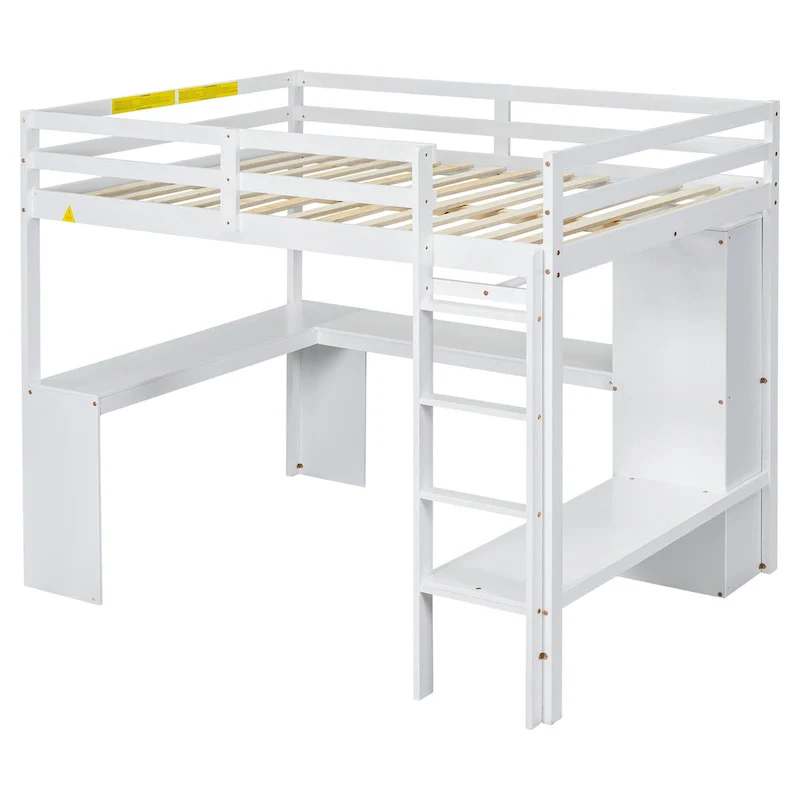 Grey/White Loft Bed with L-Shaped Desk & Storage, Twin/Full, 1-Person