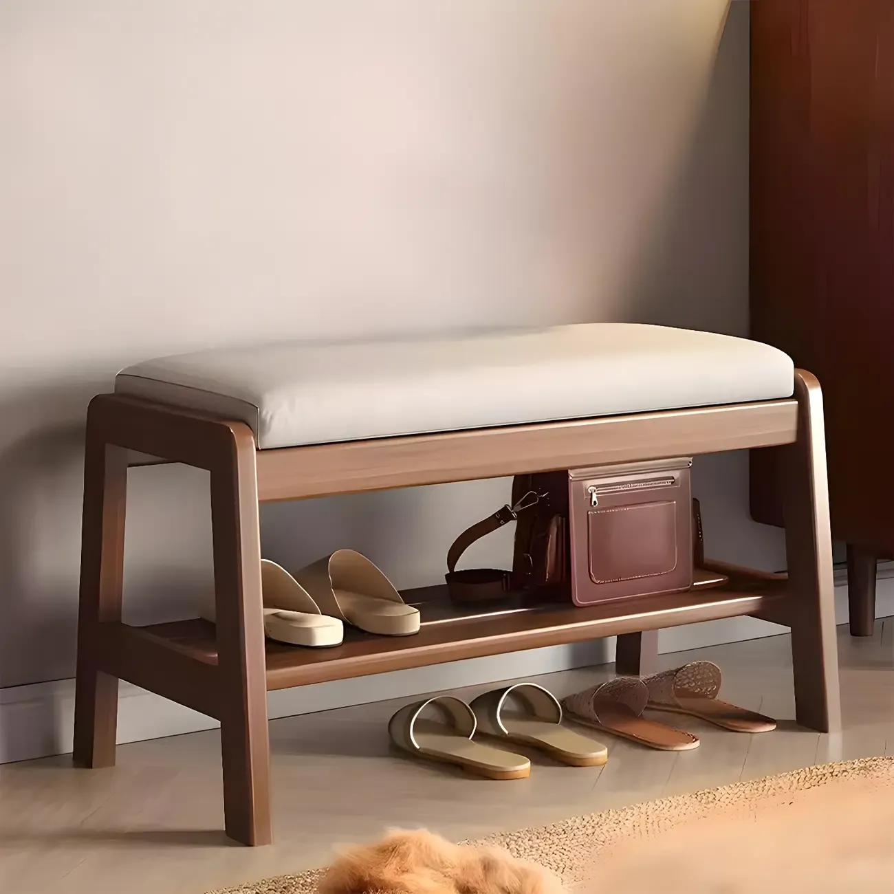Entryway Solid Wood Cushioned Trapezoid Shoe Bench