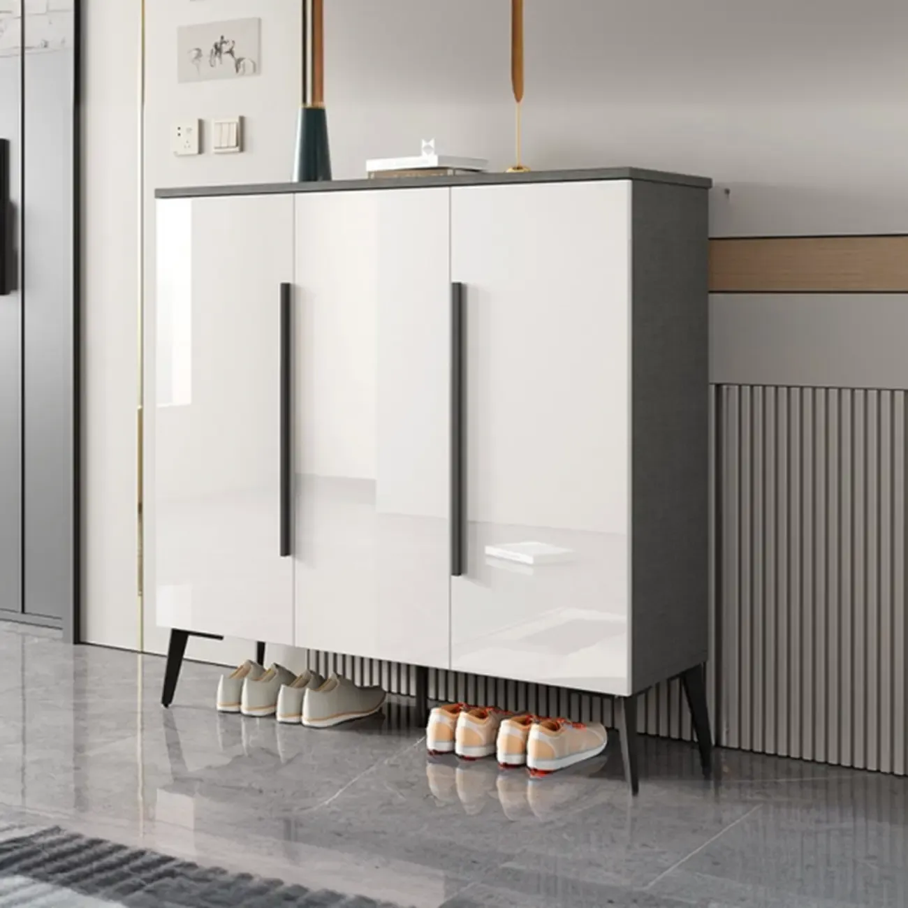 Trendy Gray-White Wooden Shoe Cabinet with Display Top