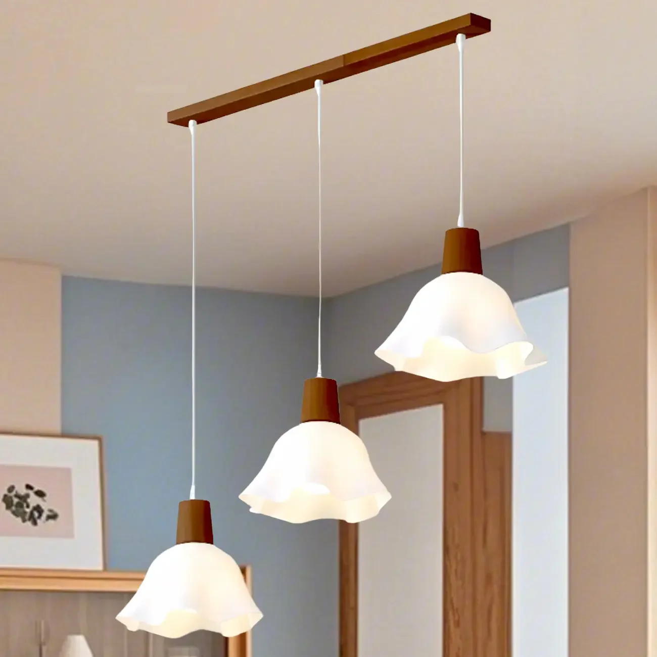 3 Lights Elegant Wooden Island Light with Acrylic Flower Shade