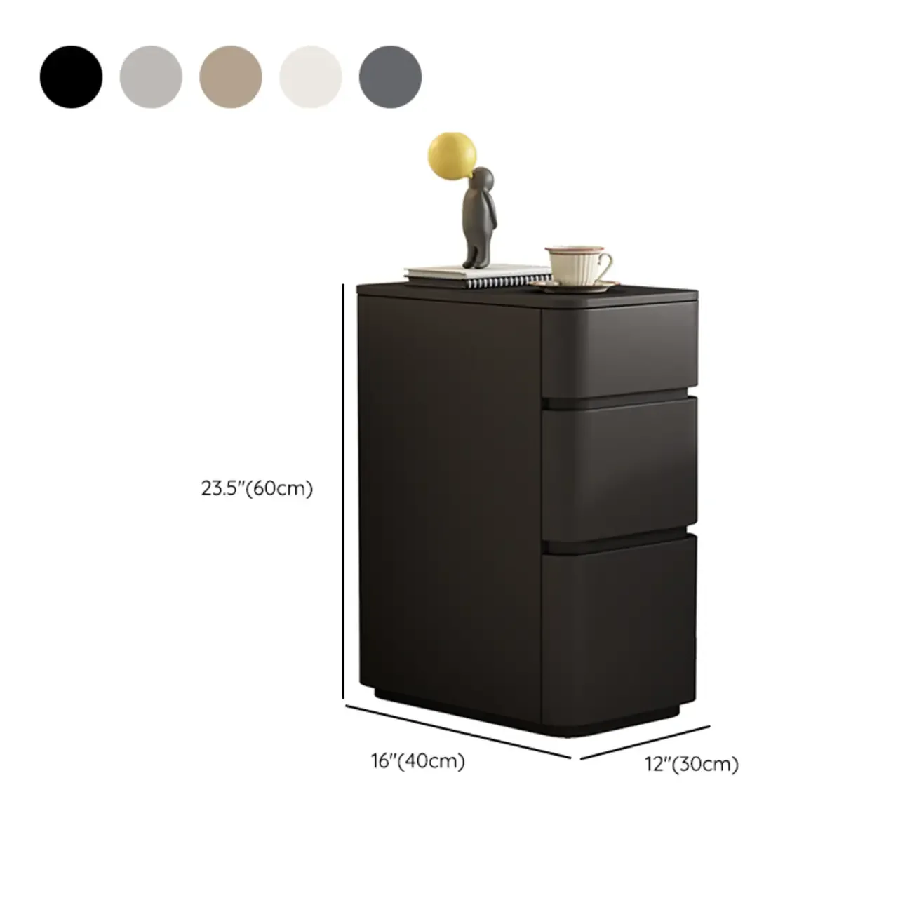 Narrow Leather Wood 3-Drawer Black Nightstand