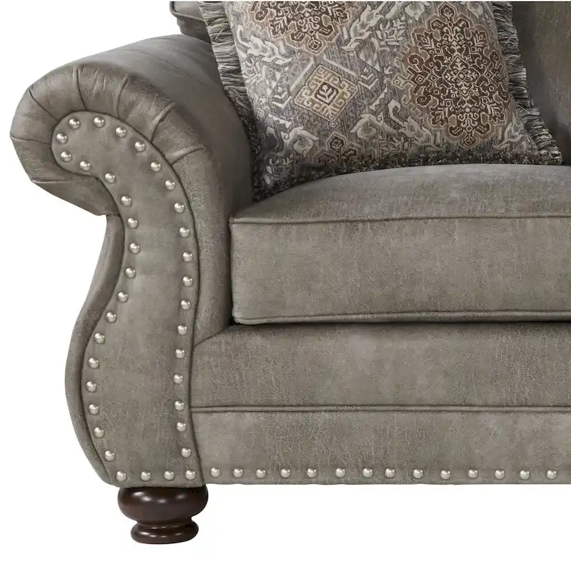 Roundhill Furniture Leinster Faux Leather Upholstered Nailhead Sofa and Loveseat Set in Stone Gray