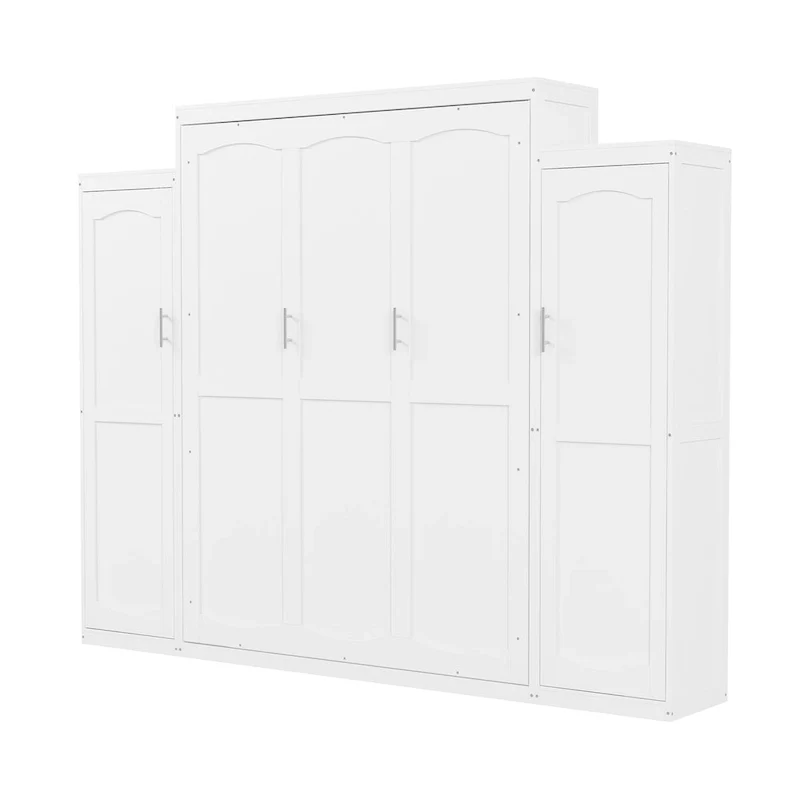 Queen Size Wood Murphy Bed with Two Wardrobe and Storage Shelf, Multifunctional Foldable Platform Bedframe