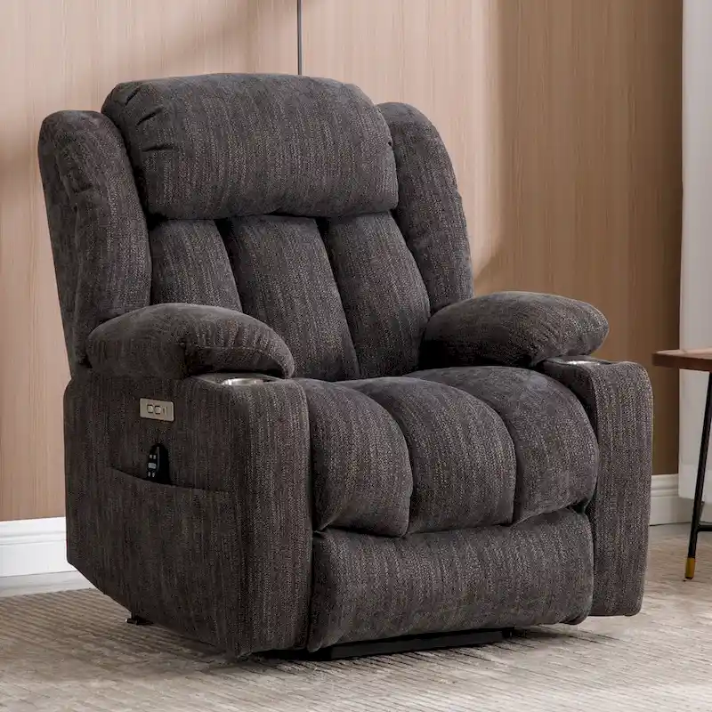 Grey Chenille Power Lift Recliner with Massage, Heating, USB, Cup Holders
