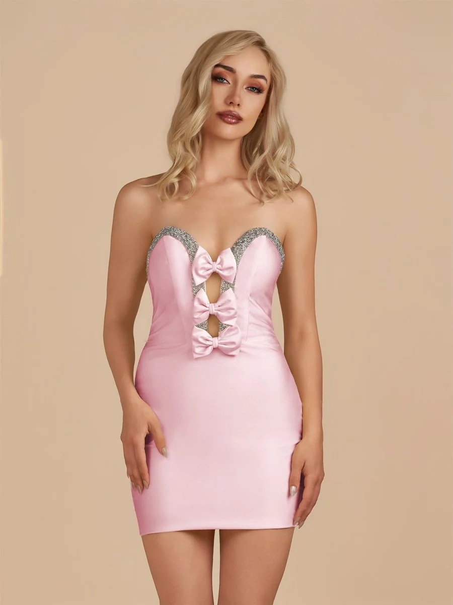 Pink - Bodycon Strapless Cut Out Satin Beaded Homecoming Dress With Bows