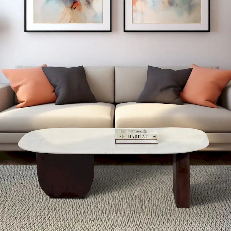 Sagebrook Home Modern Marble and Wood 16H Abstract Oval Coffee Table - 48 x 24 x 16