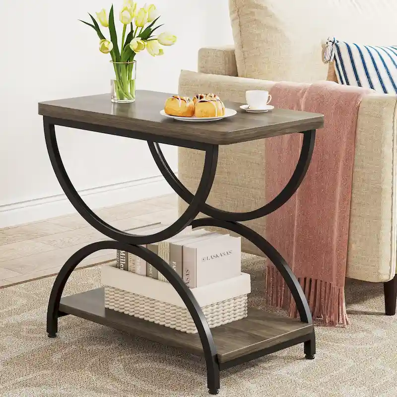 Brown / White 2-Tier Metal Frame Side Table, for 1–2 Person