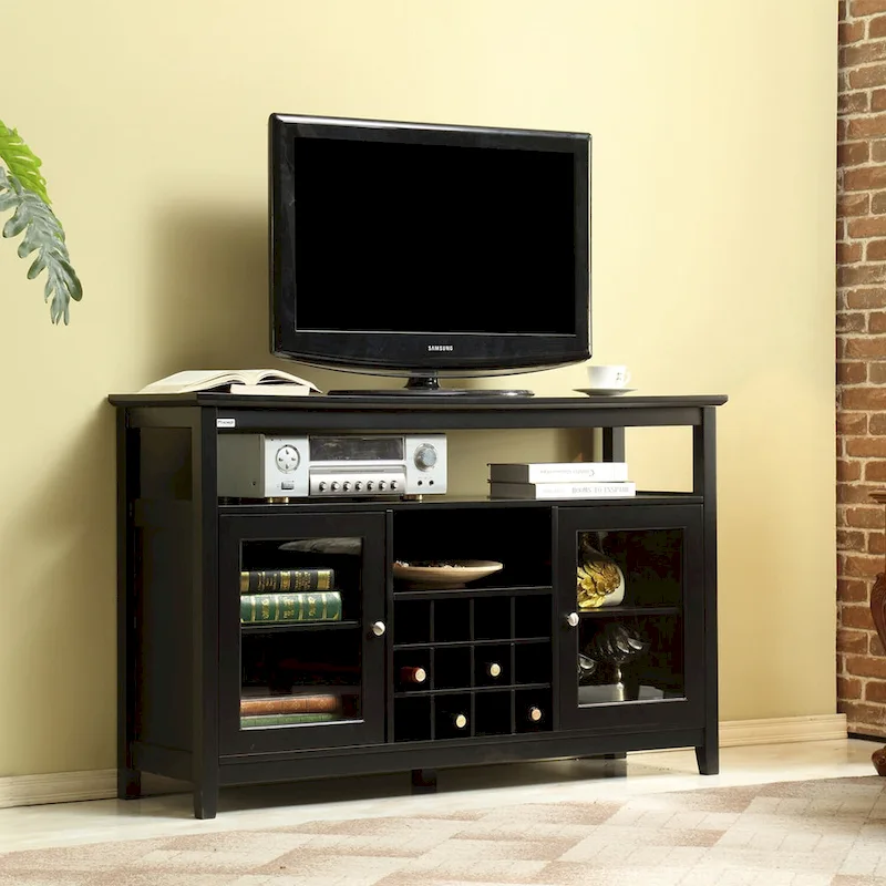 Black MDF Buffet Sideboard with 2 Glass Cabinets, 4 Open Shelves & 12-Bottle Wine Rack