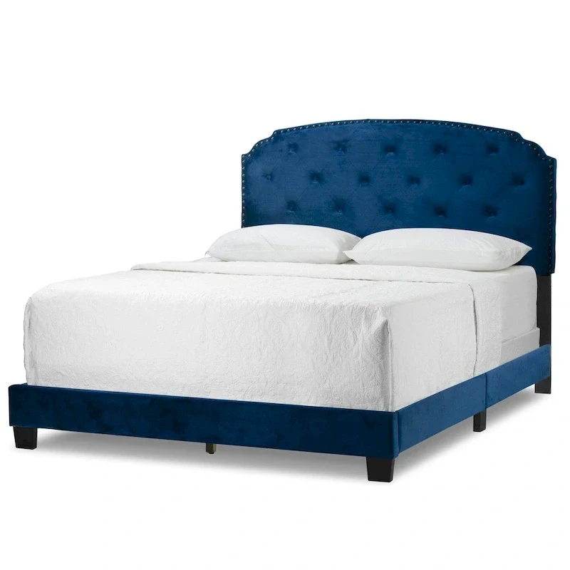 Navy Blue Velvet Queen Bed Button Tufting and Black Nail Head