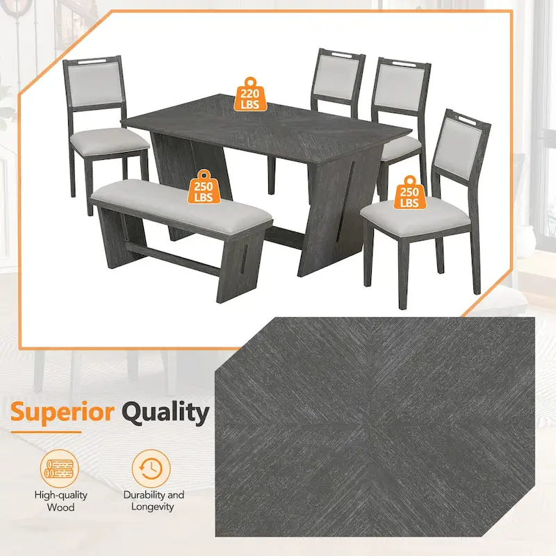 6 Pcs Dining Table Set, Wood Dining Kitchen Table and Chairs Set with Rectangular Table, 4 Upholstered Chairs and 1 Bench