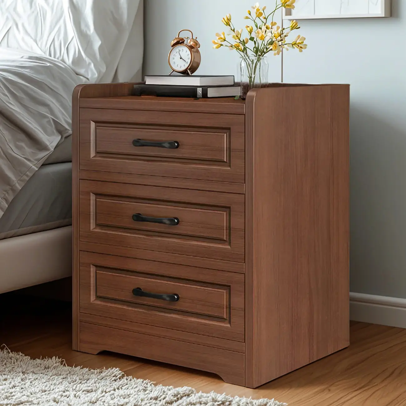 Classic Narrow Wooden White Nightstand with 3 Drawers