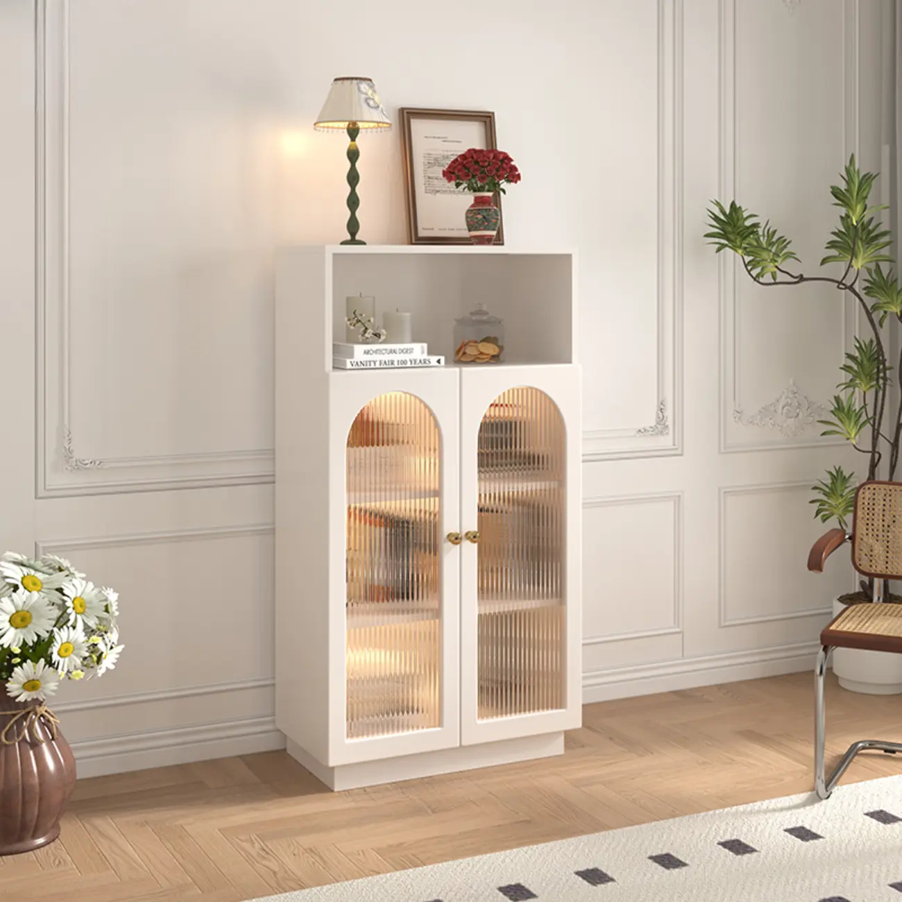 Modern Transparent White Wood Bookcase with Glass Doors