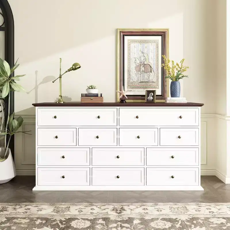 Famapy Large White 12 Drawers Dresser With Brown Top