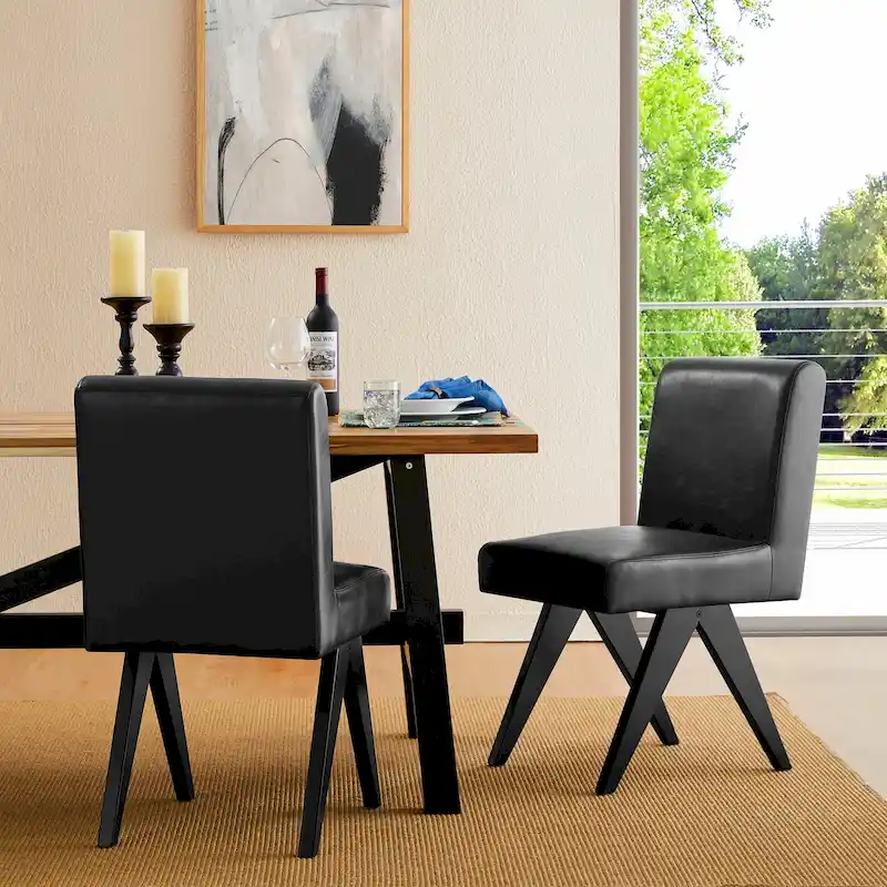 Glitzhome Set of 4 Faux Leather Upholstered Side Dining Chairs with V-shaped Wood Legs