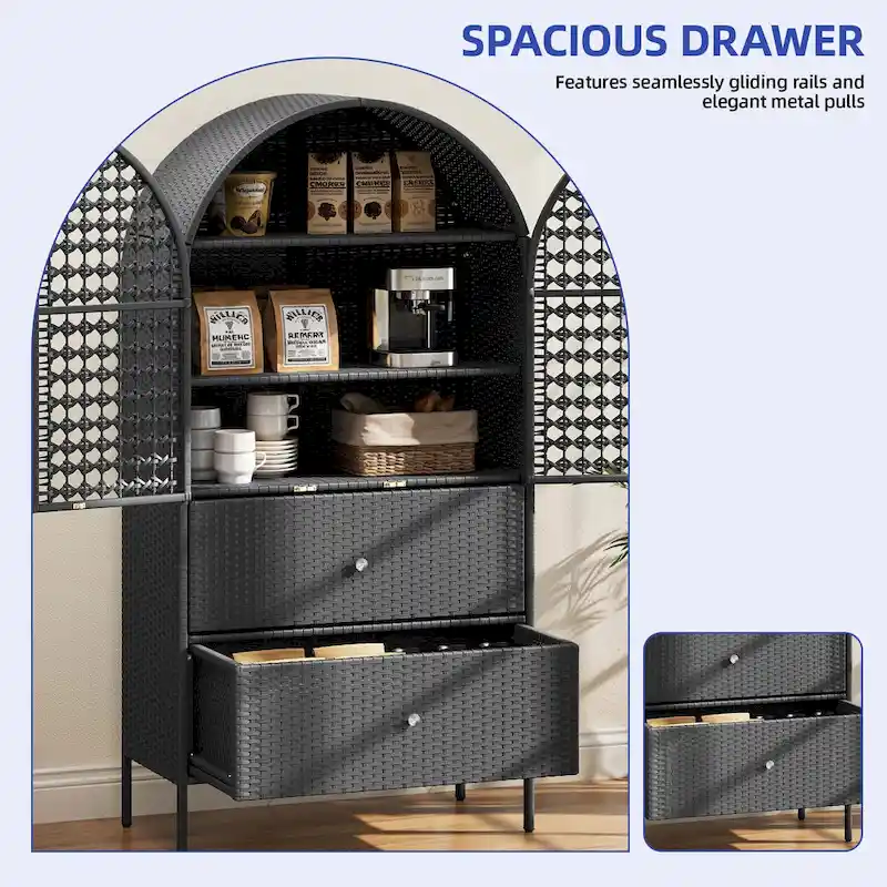 Moasis 65 Tall Arched Wicker Kitchen Pantry Cabinet,Farmhouse Cupboard with 3 Shelves & 2 Drawers