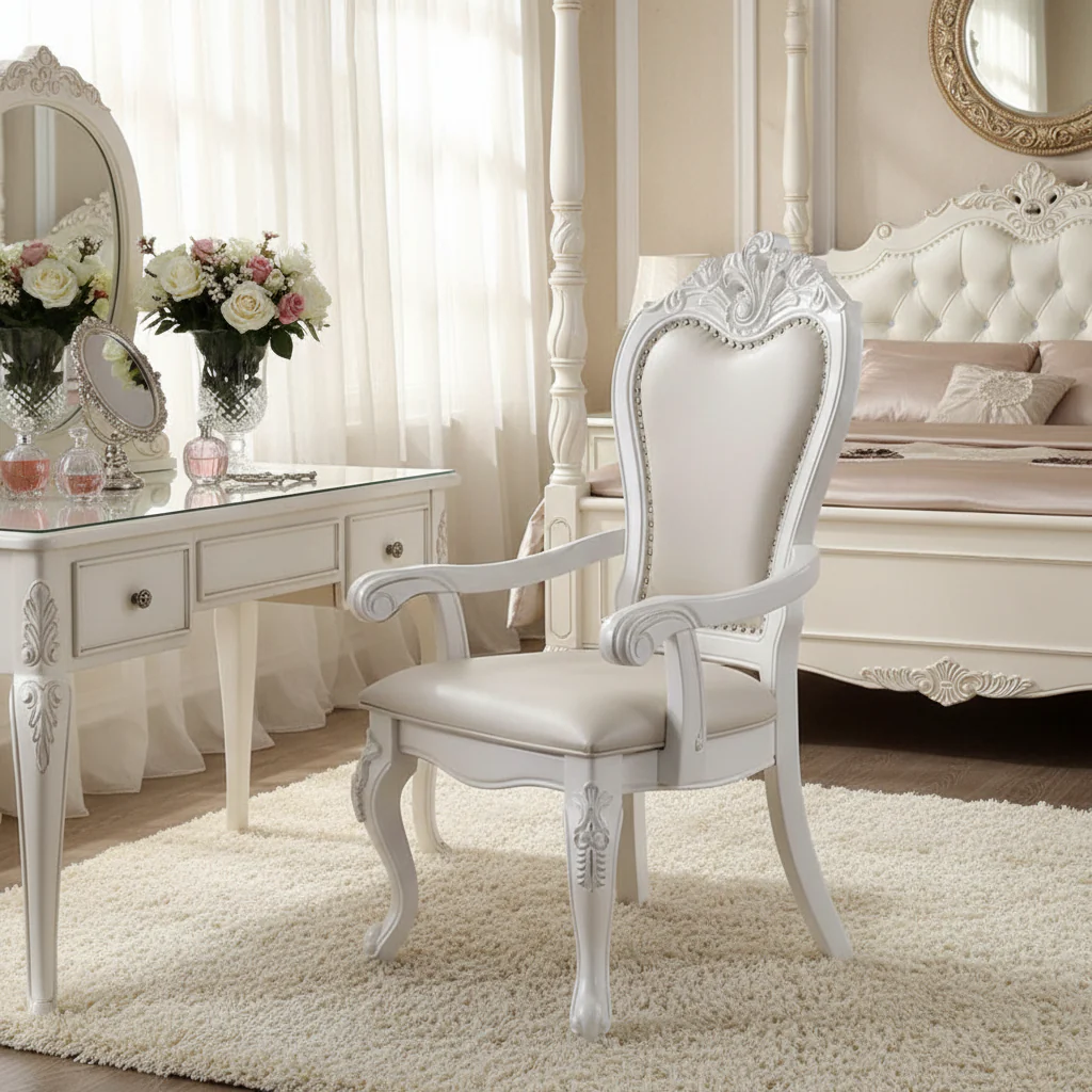 Dining Armchair Set of 2, Carved Cabriole, Faux Leather, White Wood