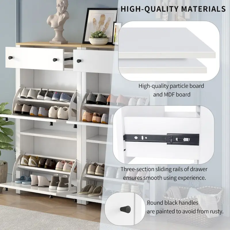 Wood Pattern Top Shoe Cabinet with Flip Drawers and Adjustable Panel