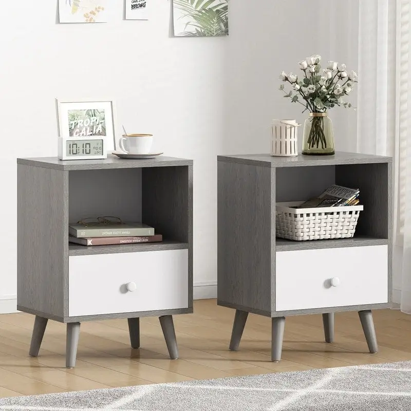 2-Piece Nightstand Set with Drawer and Open Shelf