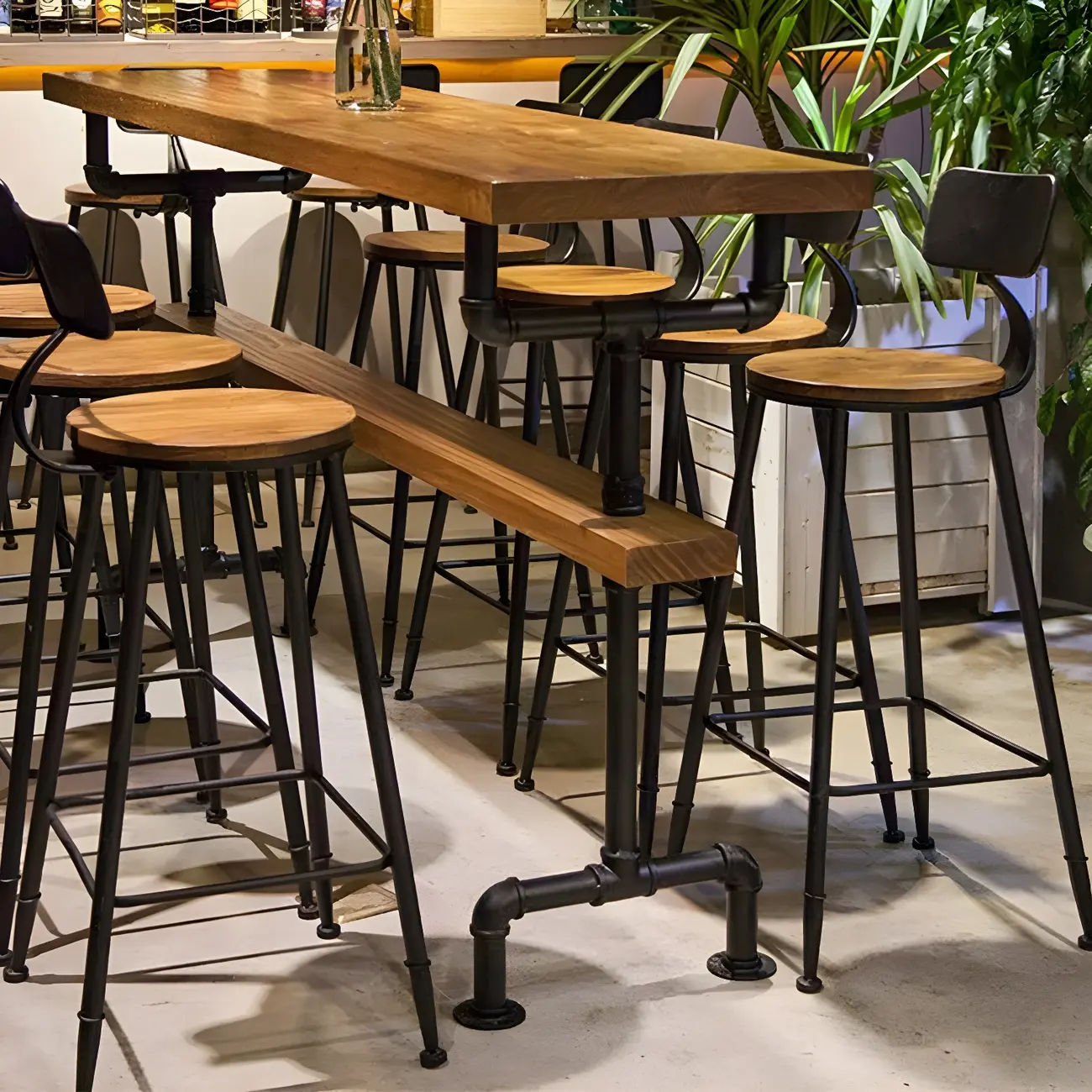 Rectangular Brown Pine Wood Bar Table with Footrest