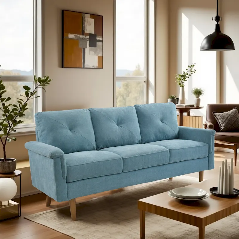 Mid-Century 3-Seat Upholstered Sofa with Wood Legs