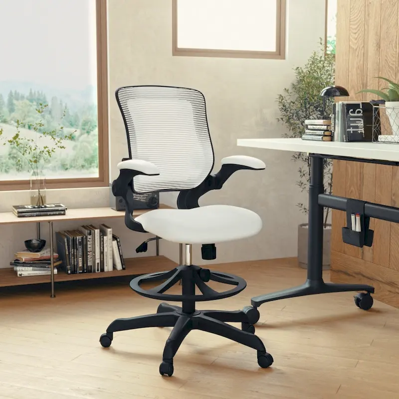Mid-Back Mesh Ergonomic Drafting Chair with Foot Ring and Flip-Up Arms