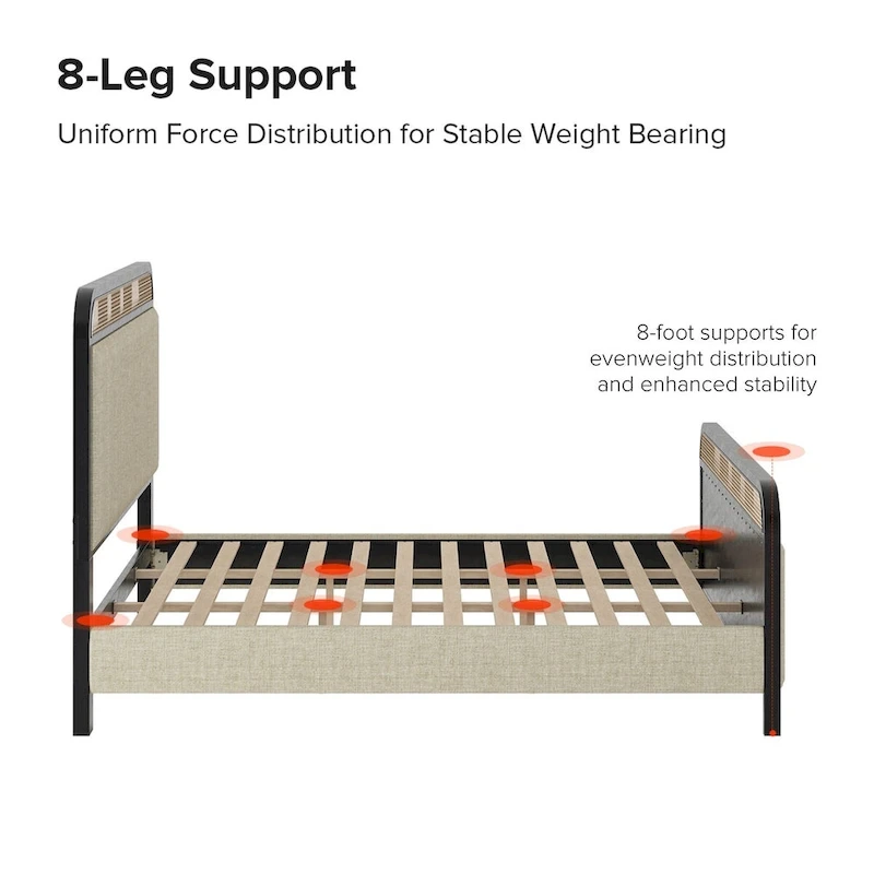 Alphons Modern Solid Wood Frame Ratten Bed with LED Headboard by HULALA HOME