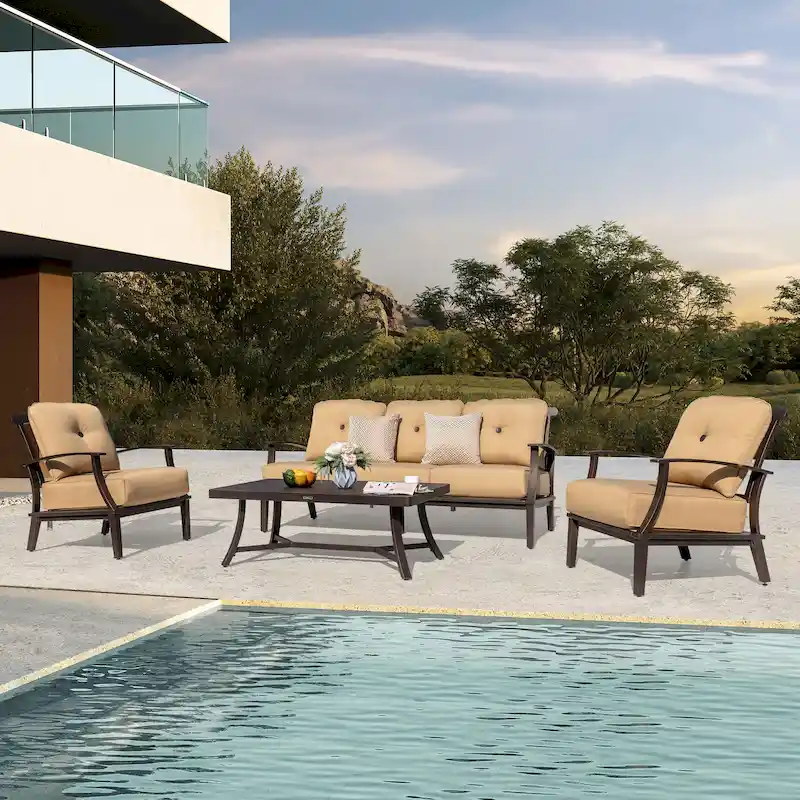 4-Piece Patio Conversation Set with Cushions, Aluminum Frame, Beige