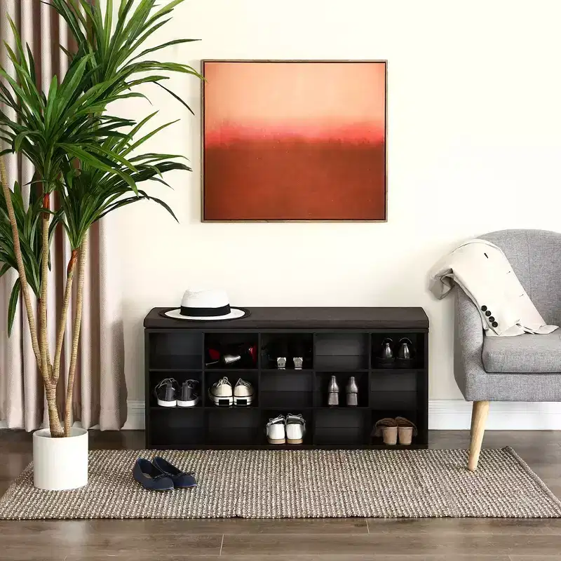 VASAGLE Shoe Bench with Cushion, Storage Bench with Padded Seat, Entryway Bench with 15 Compartments for Bedroom