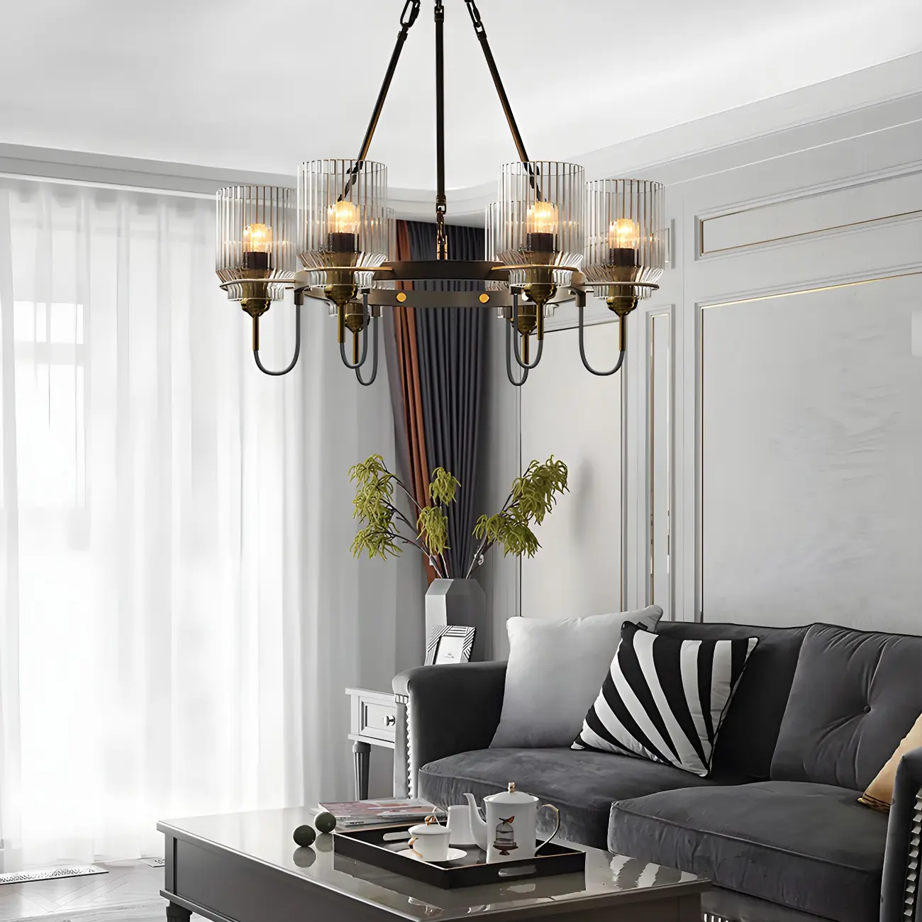 Modern Industrial Black Cylinder Glass Hoop Chandelier
