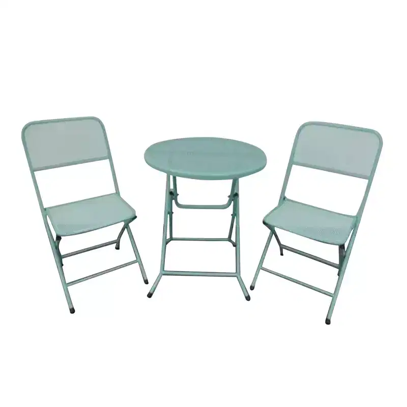 Four Seasons Courtyard Padova Foldable 3 Piece Powder Coated Steel Mesh Outdoor Patio Bistro Dining Set, Includes 1 Table and 2 Chairs, Blue