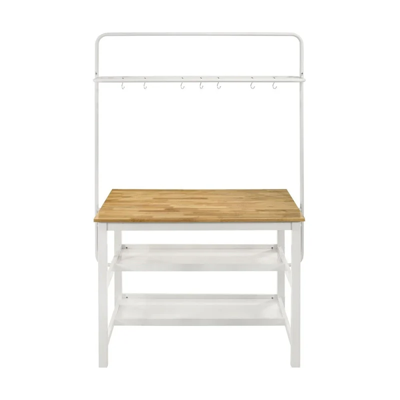 Prager Brown and White Kitchen Island Counter Table with Pot Rack