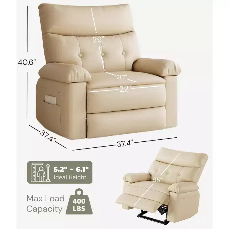 Swivel Recliner Chair, PU Leather Manual Lounge Chair with Side Pocket for Living Room, Bedroom, RV & Nursery - Beige