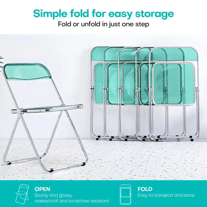 Transparent Acrylic Stackable Folding Dining Chair w/ Metal Frame, Single - 29.1(H) x 18.1(W) x 18.5(D)
