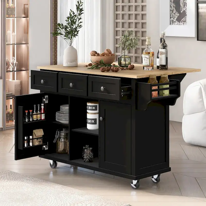 Nestfair Kitchen Island Cart with Drop-Leaf Countertop and 3 Drawers