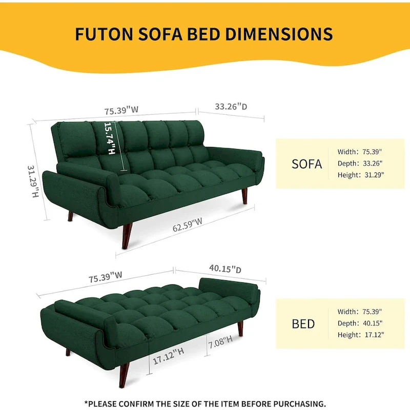 75.39 IN. Futon Sofa Bed, Convertible Upholstered Couch Sleeper with Reclining Sleeper Split Tufted Back