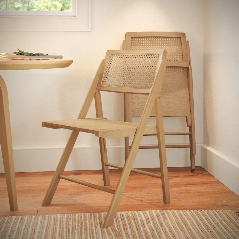 2 Pack Commercial Cane Rattan Folding Chairs - Wood Backs and Seats