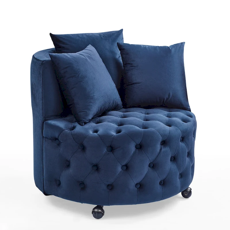 Living Room Velvet Swivel Chair with Button Tufted Design, 3 Pillows & Movable Wheels