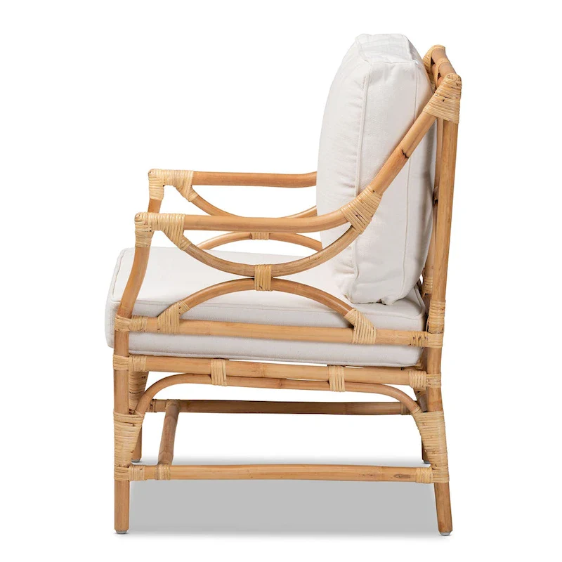 White and Natural Rattan Armchair with Cushion