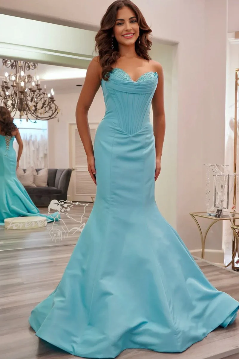 Blue Sweetheart Mermaid Pleated Long Formal Prom Dresses With Appliques
