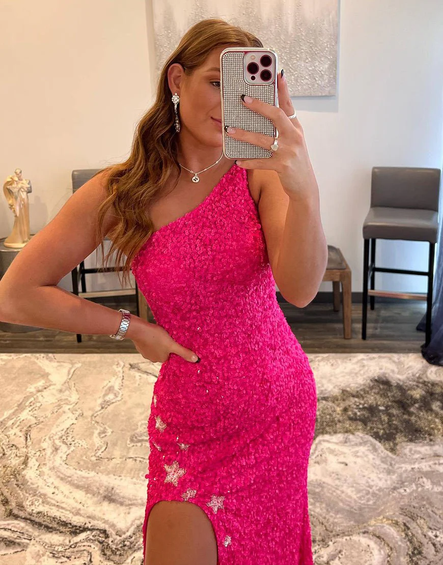 Mermaid One Shoulder Sequins Prom Dress with Stars