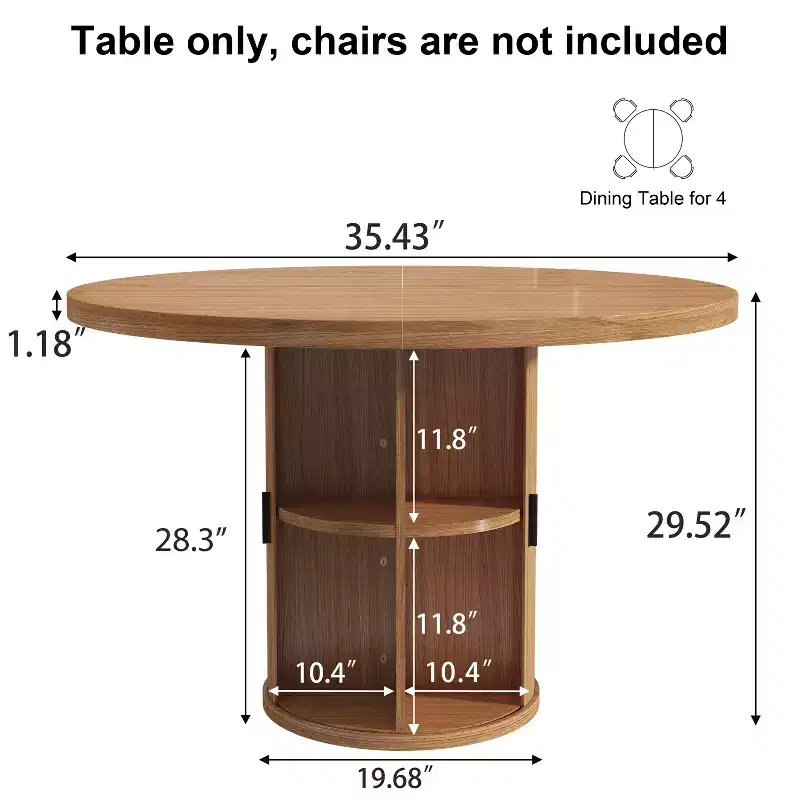 Dyonery 35.5 Round Dining Table with Storage Shelf, Fluted Pedestal Wood Base for 2-4, Walnut