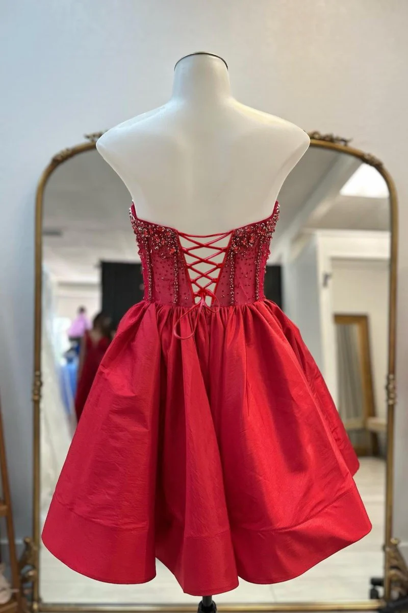 Red - V Neck A-line Short Homecoming Dress With Beadings