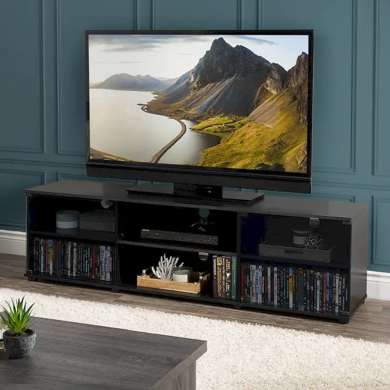 Black TV Stand with Tempered Glass Doors, For TVs up to 85