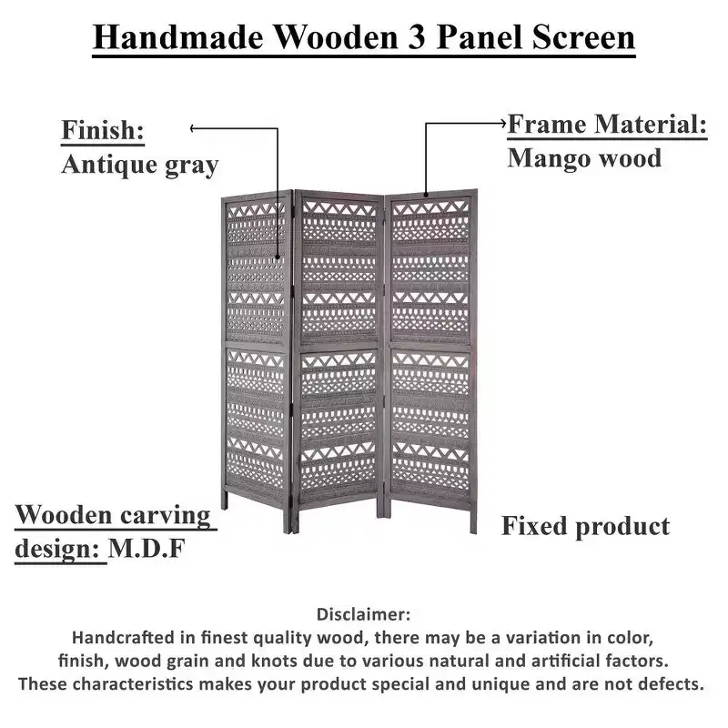 Royal Hampton 3 Panel Folding Mango Wood with Inticate Cut out Geometric Design Room Divider Screen