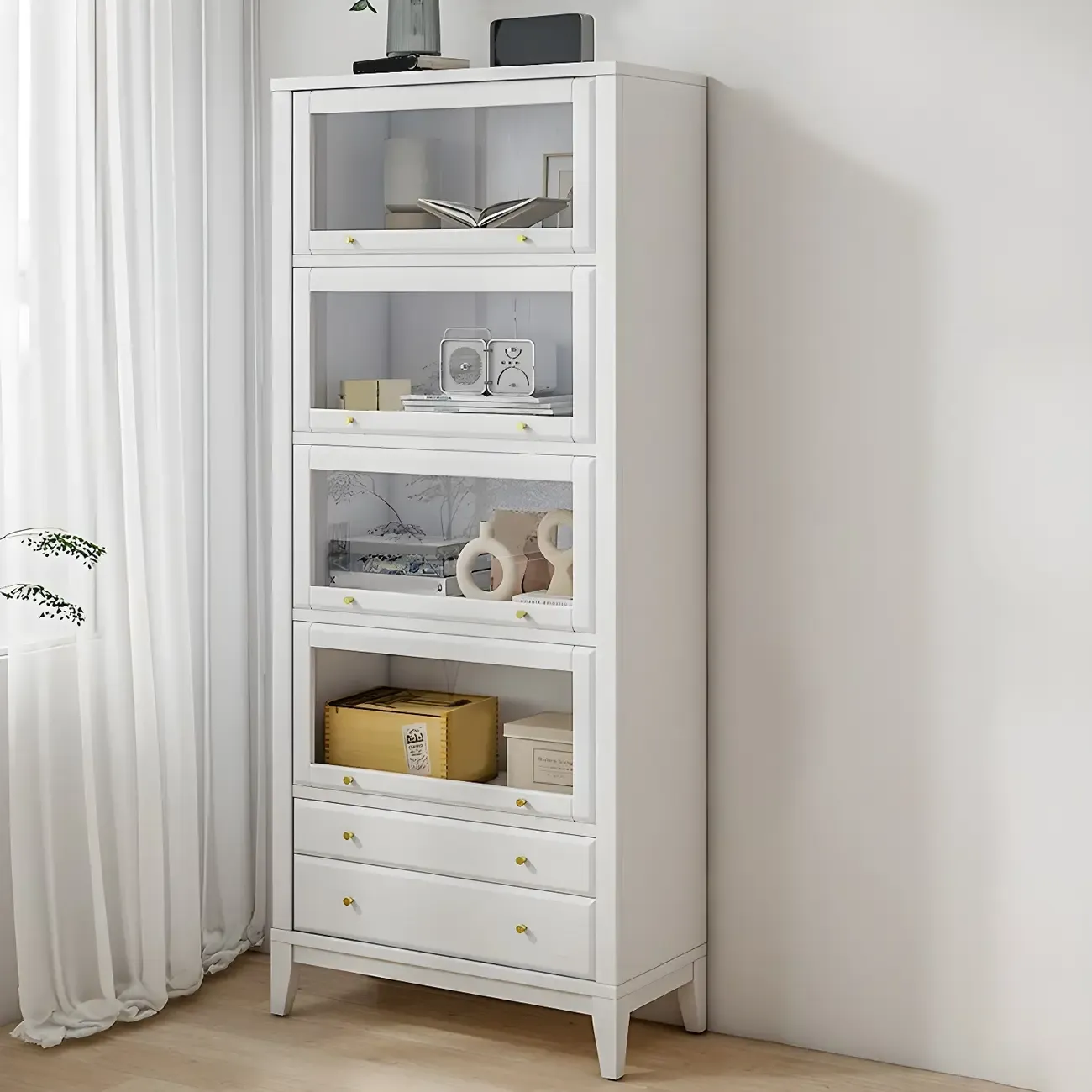 White Solid Wood Glass Door Display Cabinet with Drawers