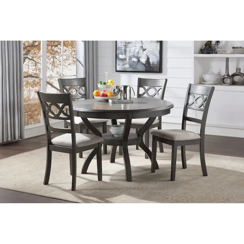 Round Farmhouse 5-Piece Dining Set, Light Grey / Beige, Rubberwood