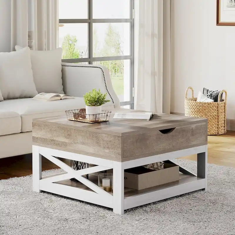 Lift Top Square Coffee Table, Grey Wash/Brown, Farmhouse Style, Seats 2–4