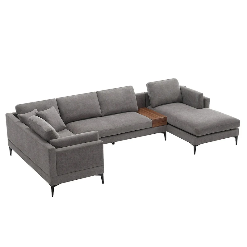 Modular U-shaped Linen Reversible Sofa with a Wooden Side Table Box and Reversible Design