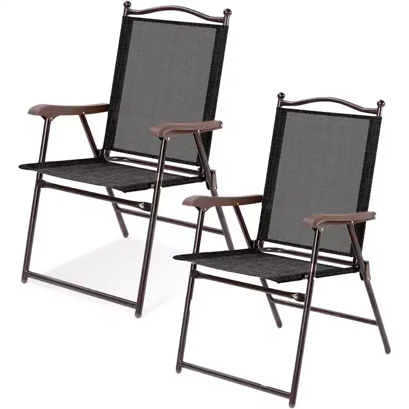 Gymax 2PC Outdoor Folding Sling-Back Chairs for Camping Decks Gardens Pools and Beaches Black/Beige